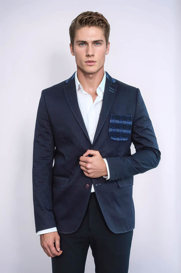 WSS Double Buttons Knit Collar Mono Lapel Navy Blue Jacket- - Boca del Rio