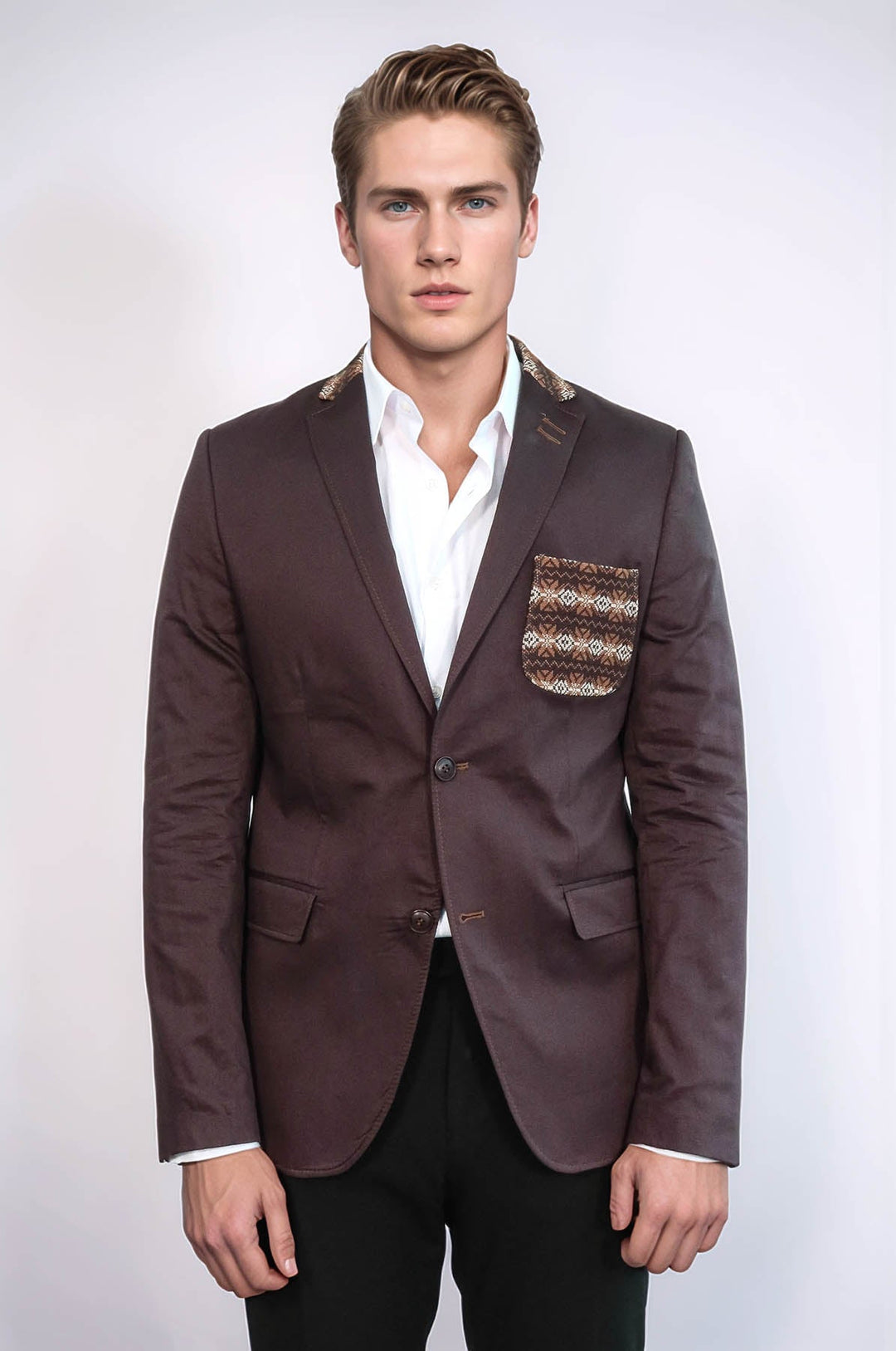 WSS Double Buttons Knit Collar Mono Lapel Brown Jacket- - Cheshunt