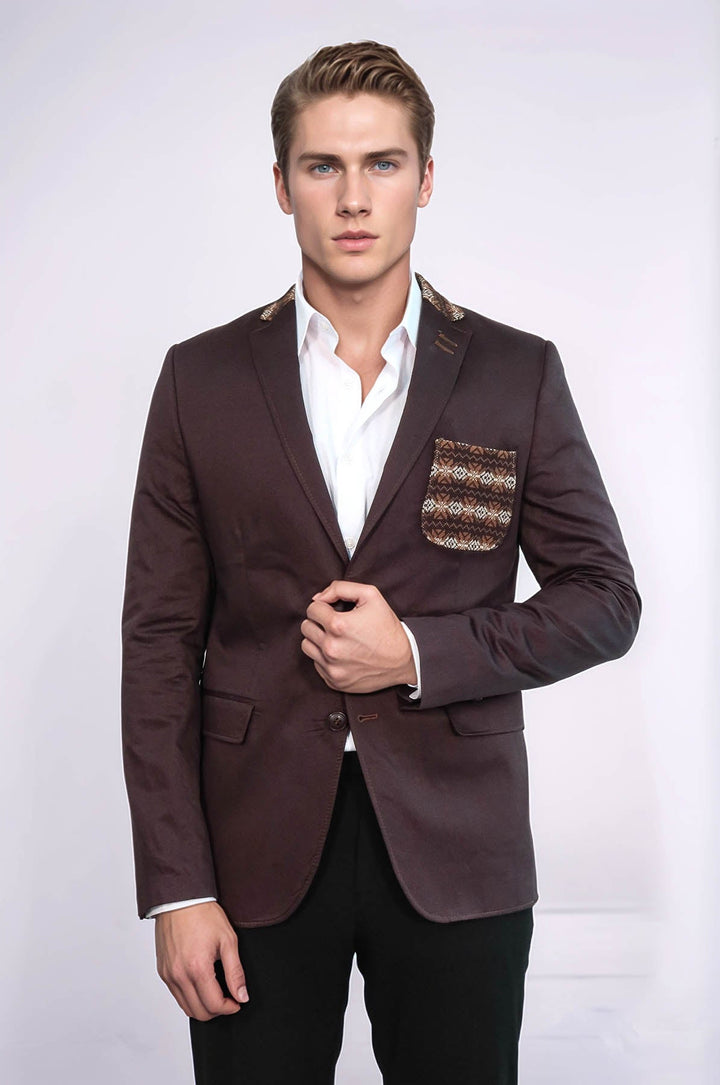 WSS Double Buttons Knit Collar Mono Lapel Brown Jacket- - Cheshunt