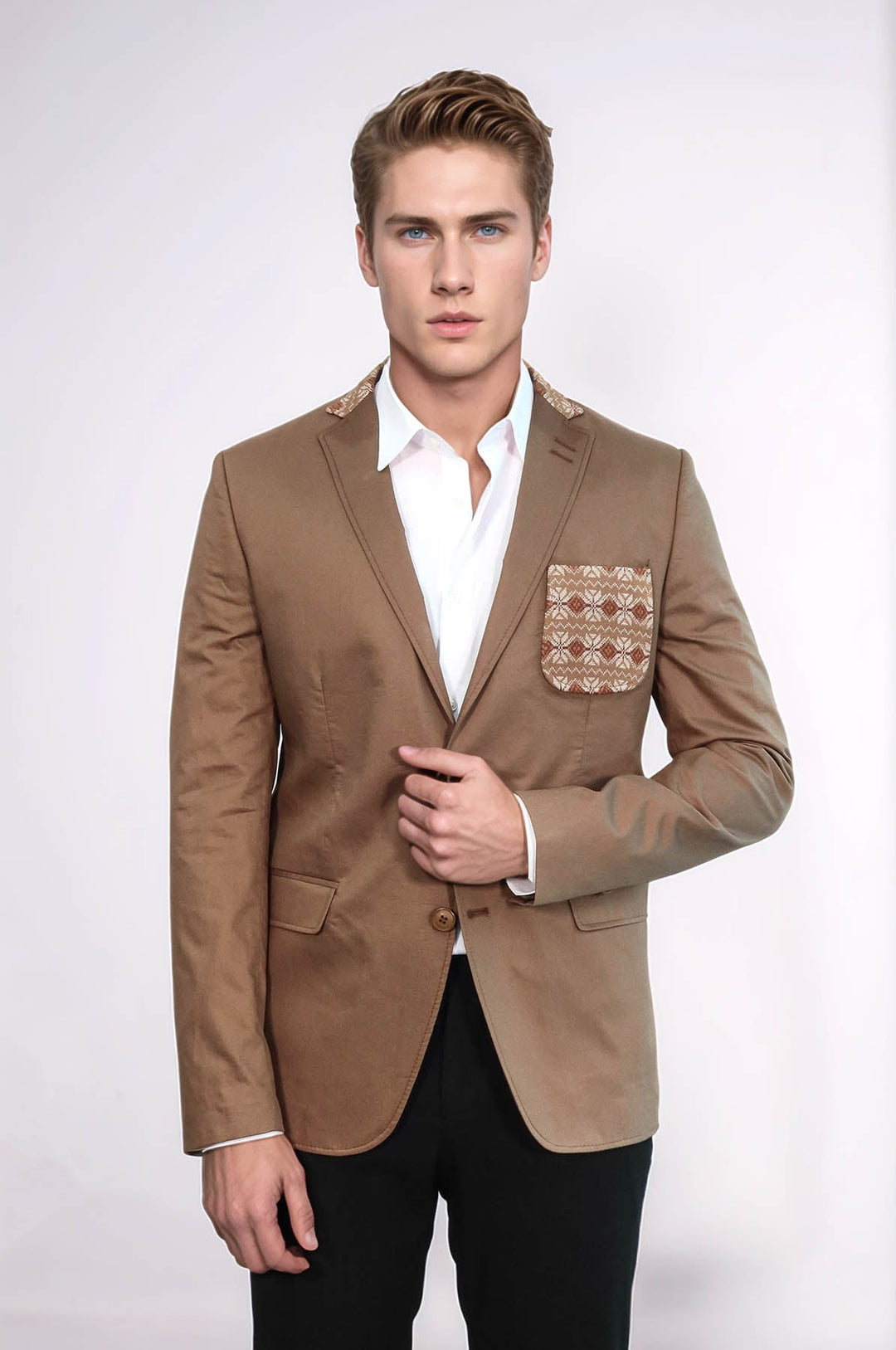WSS Double Buttons Knit Collar Mono Lapel Tan Jacket- - Perris