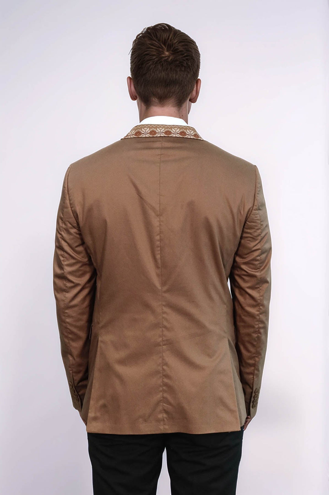 WSS Double Buttons Knit Collar Mono Lapel Tan Jacket- - Perris