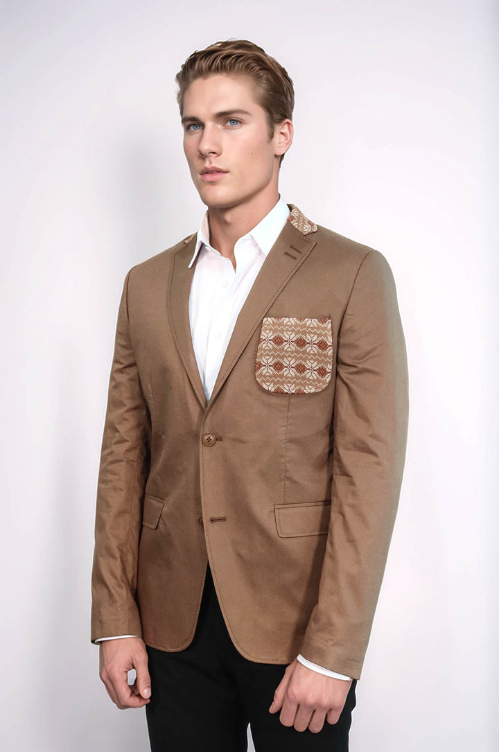 WSS Double Buttons Knit Collar Mono Lapel Tan Jacket- - Perris