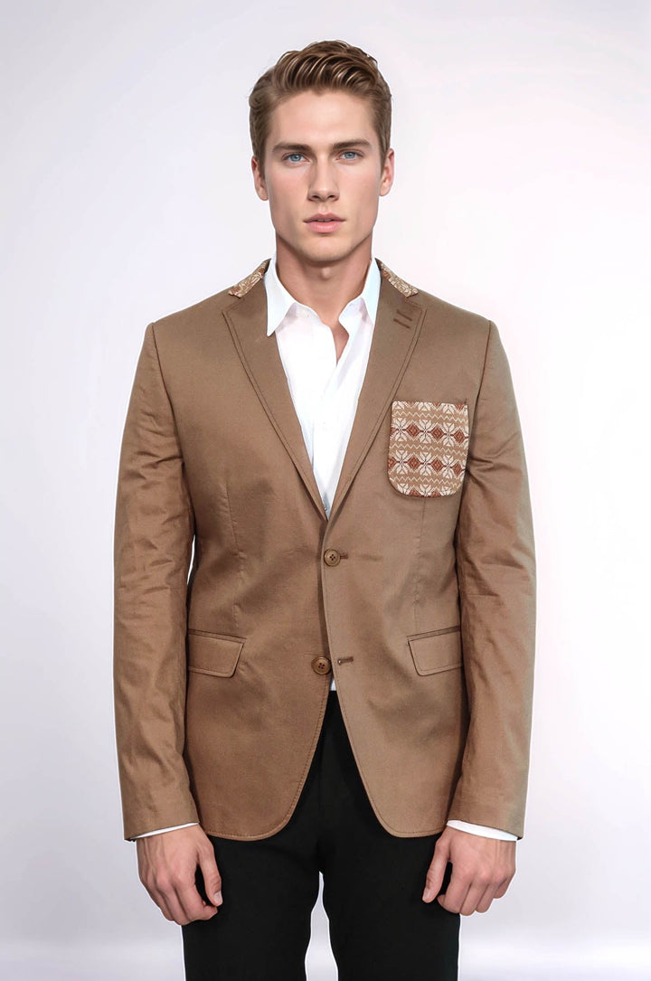 WSS Double Buttons Knit Collar Mono Lapel Tan Jacket- - Perris