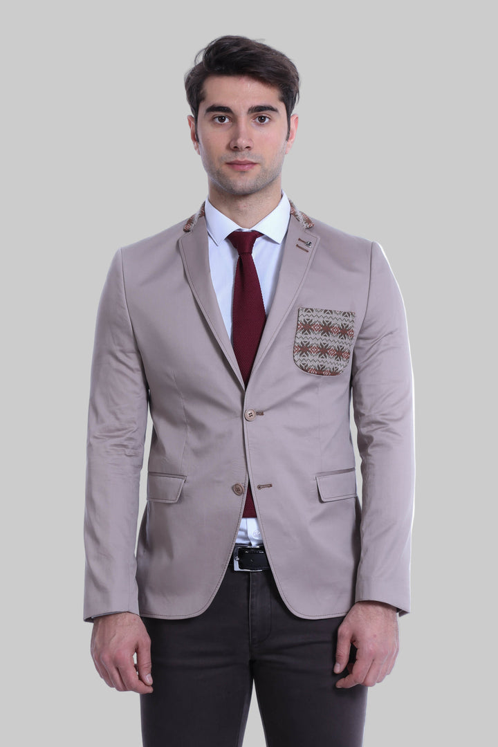 WSS Double Buttons Knit Collar Mono Lapel Beige Jacket- - Podujevë
