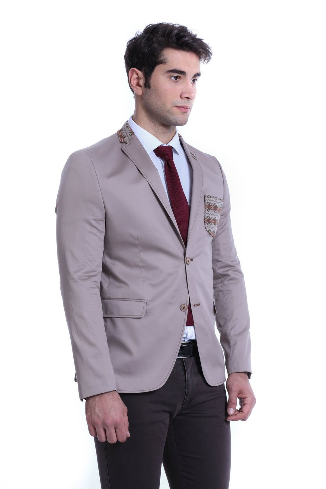 WSS Double Buttons Knit Collar Mono Lapel Beige Jacket- - Podujevë