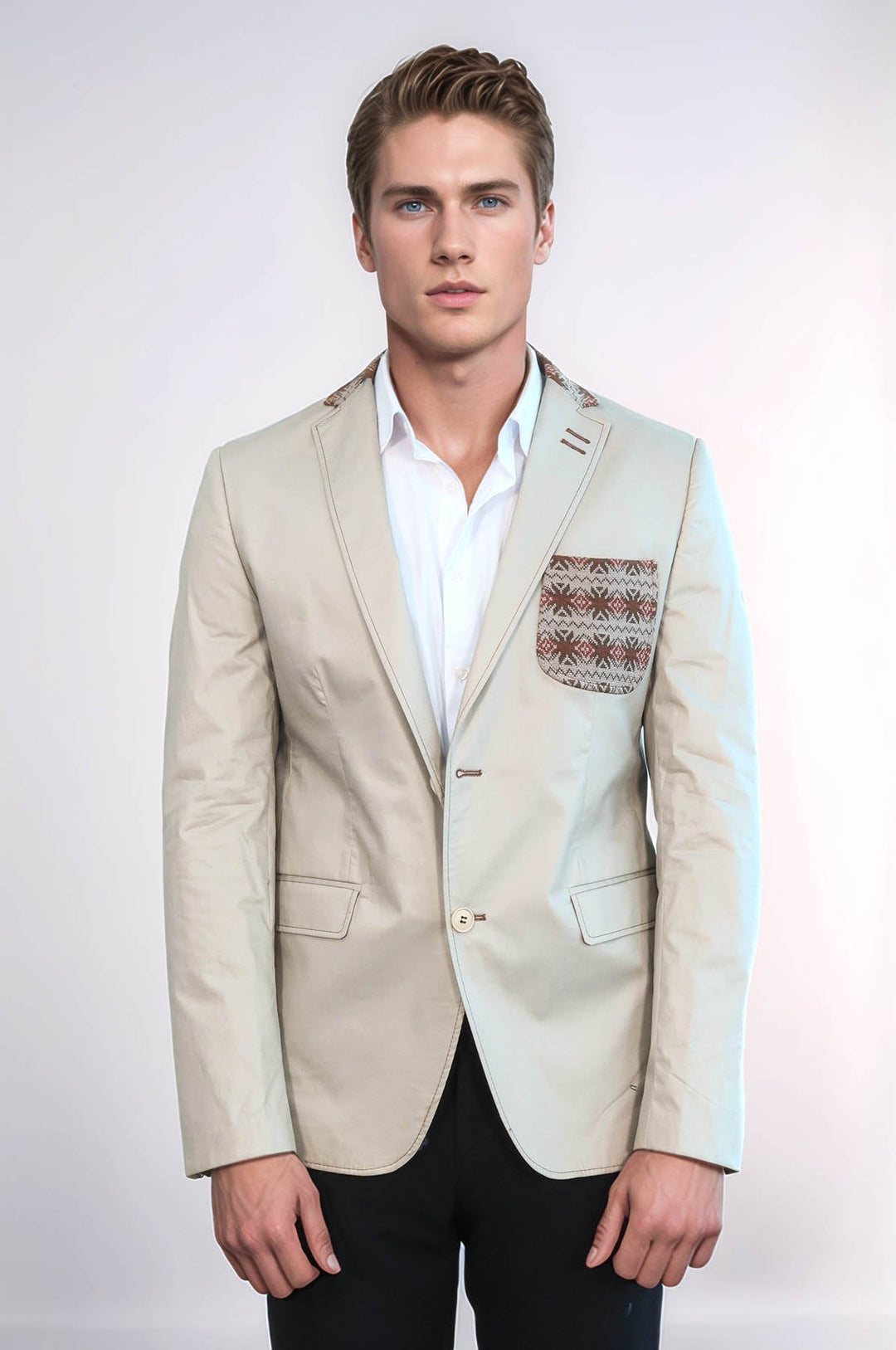 WSS Double Buttons Knit Collar Mono Lapel Beige Jacket- - Gjakovë