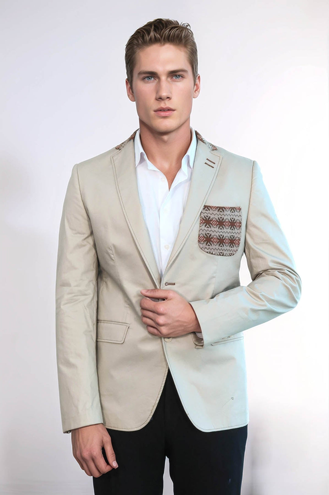 WSS Double Buttons Knit Collar Mono Lapel Beige Jacket- - Gjakovë