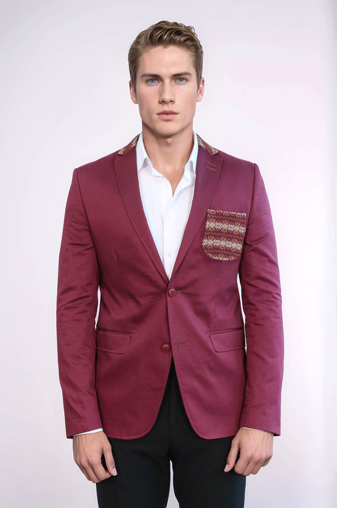 WSS Double Buttons Knit Collar Mono Lapel Burgundy Jacket- - Saint-Jean-sur-Richelieu