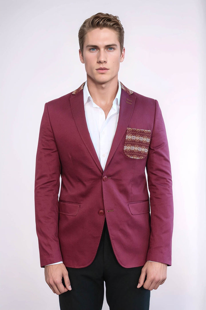 WSS Double Buttons Knit Collar Mono Lapel Burgundy Jacket- - Saint-Jean-sur-Richelieu