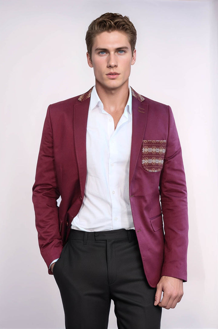 WSS Double Buttons Knit Collar Mono Lapel Burgundy Jacket- - Saint-Jean-sur-Richelieu