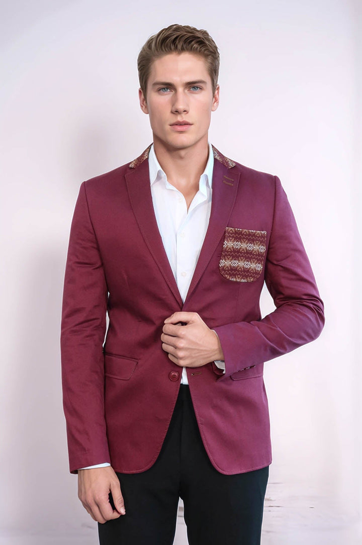 WSS Double Buttons Knit Collar Mono Lapel Burgundy Jacket- - Saint-Jean-sur-Richelieu