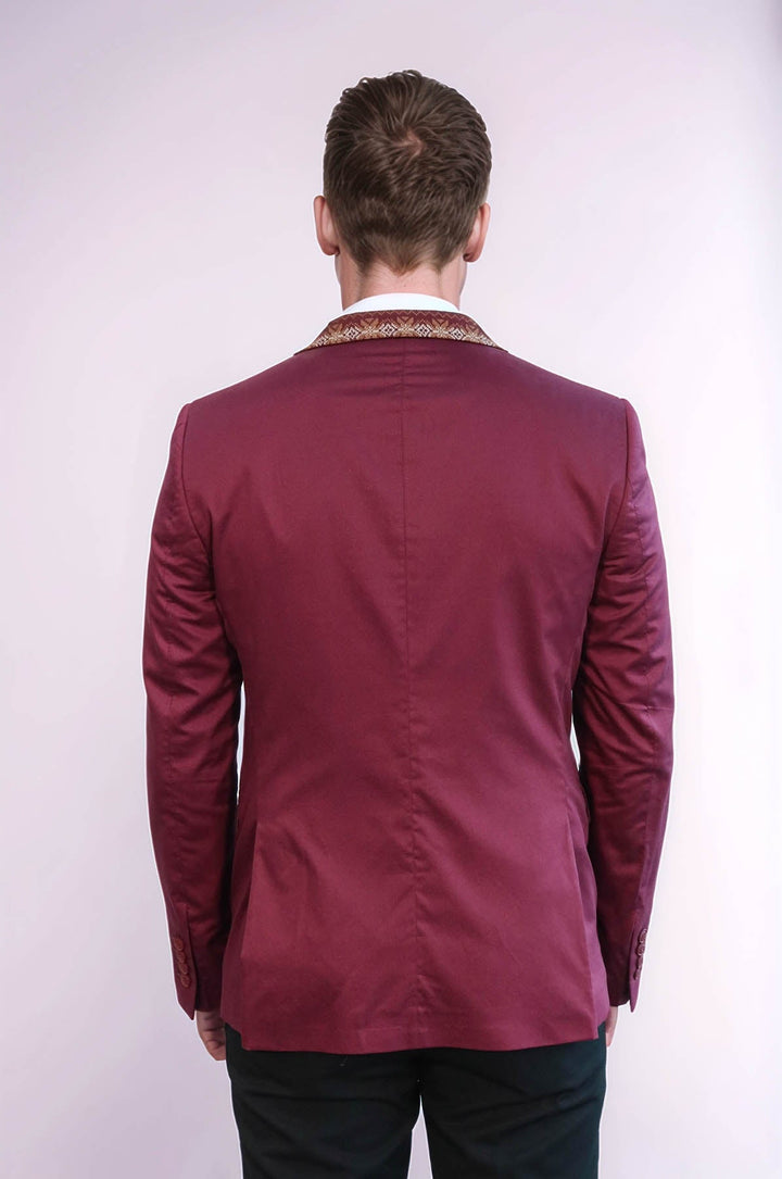 WSS Double Buttons Knit Collar Mono Lapel Burgundy Jacket- - Saint-Jean-sur-Richelieu