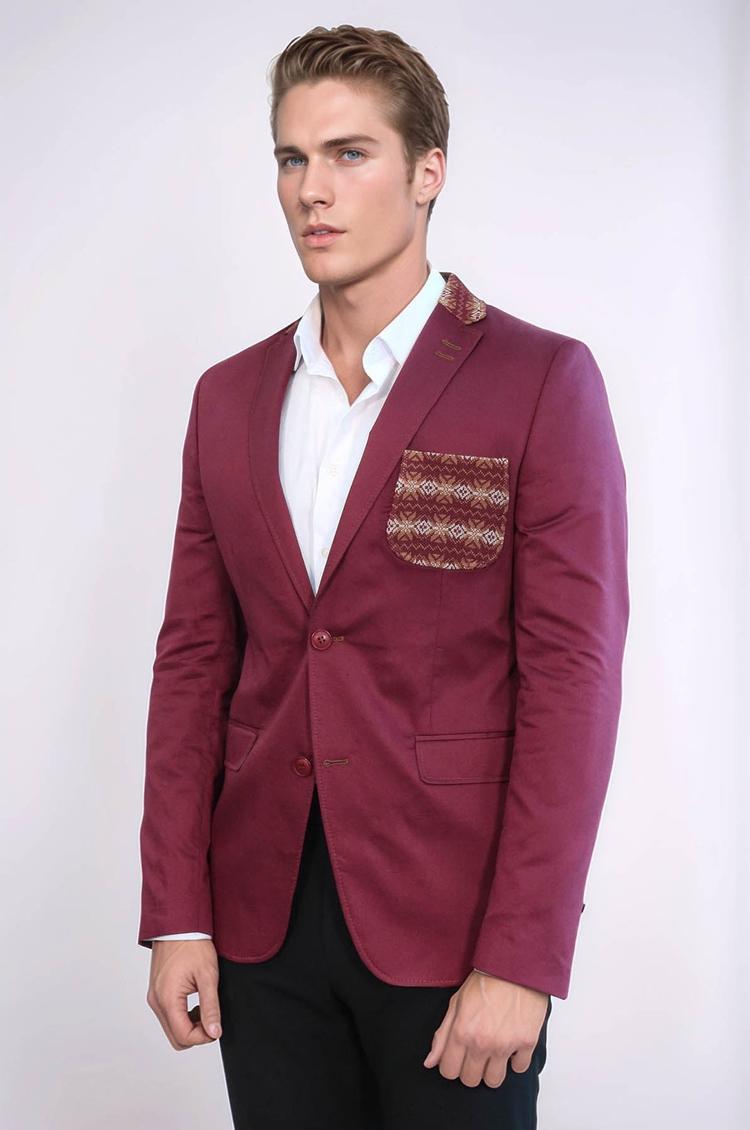 WSS Double Buttons Knit Collar Mono Lapel Burgundy Jacket- - Saint-Jean-sur-Richelieu