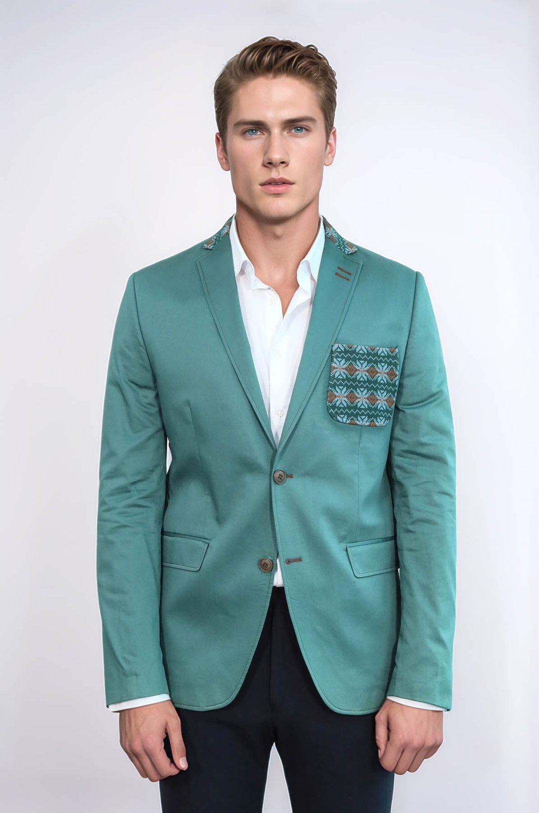 WSS Double Buttons Knit Collar Mono Lapel Green Jacket- - Franklin