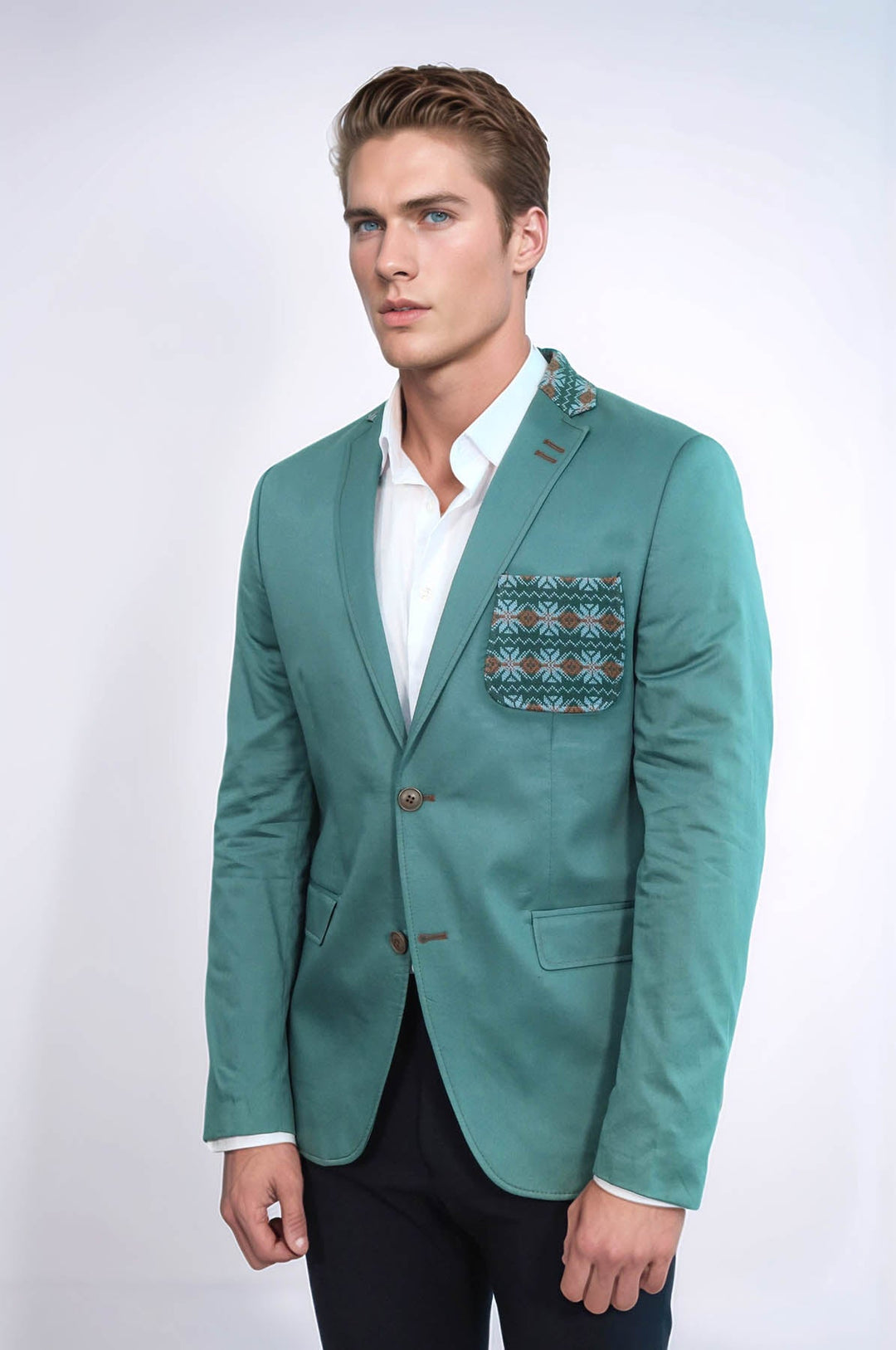 WSS Double Buttons Knit Collar Mono Lapel Green Jacket- - Franklin