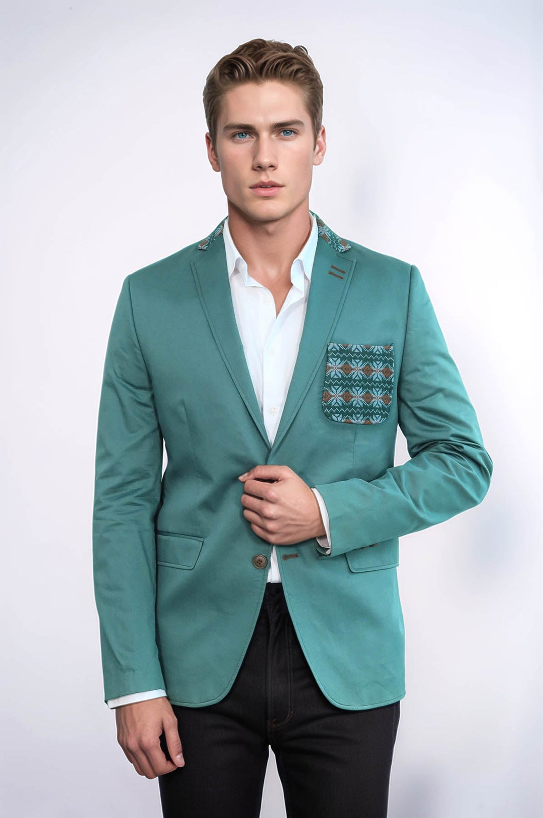 WSS Double Buttons Knit Collar Mono Lapel Green Jacket- - Franklin