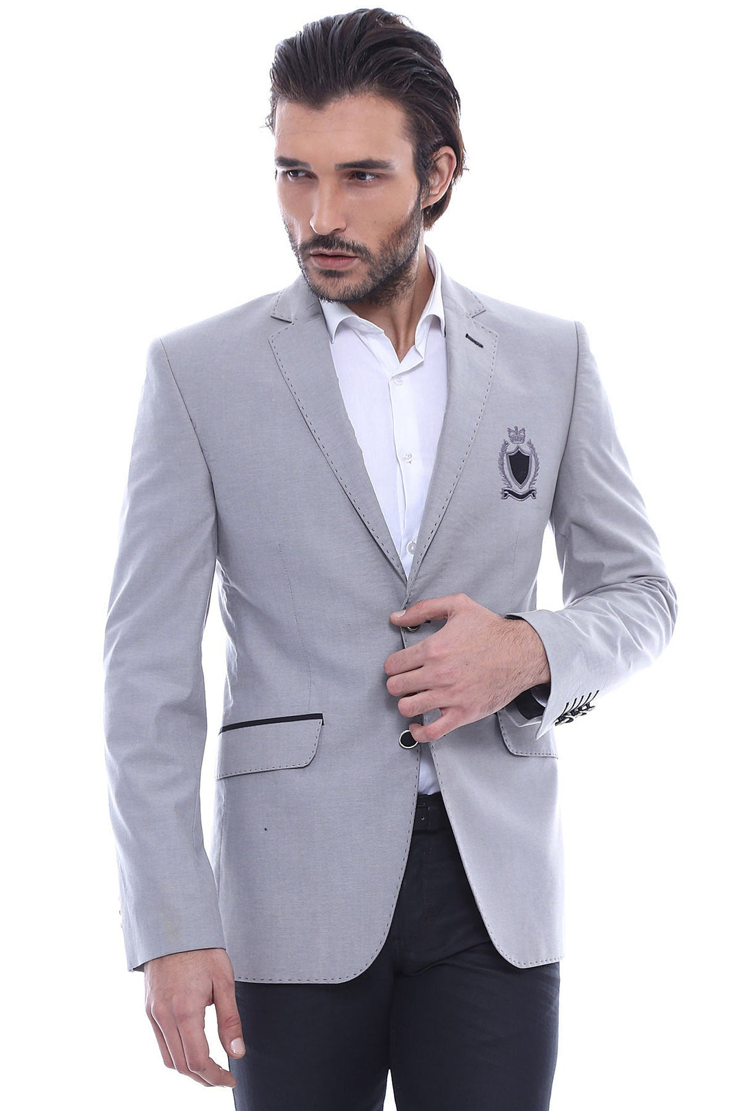 WSS Double Button Mono Lapel Crested Grey Jacket- - Santa Ana Nextlalpan