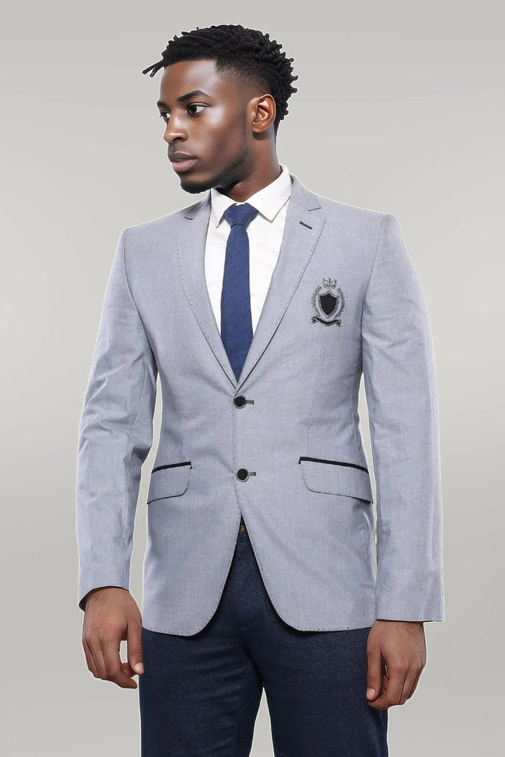 WSS Double Button Mono Lapel Crested Light Grey Jacket- - Singen