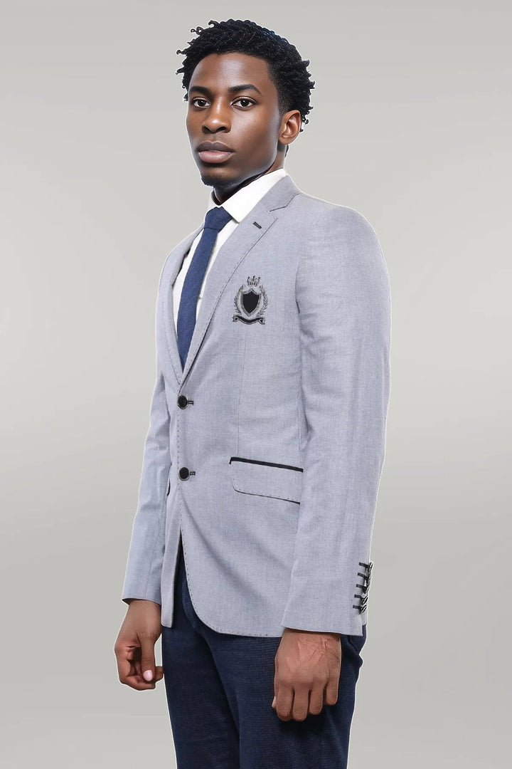 WSS Double Button Mono Lapel Crested Light Grey Jacket- - Singen