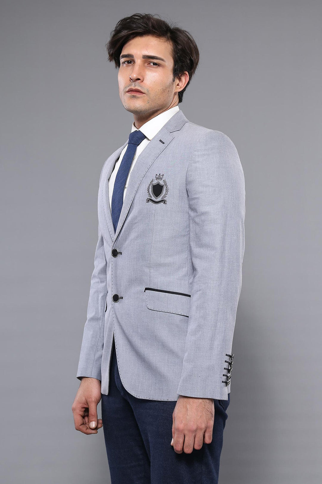 WSS Double Button Mono Lapel Crested Light Grey Jacket- - Vitoria-Gasteiz