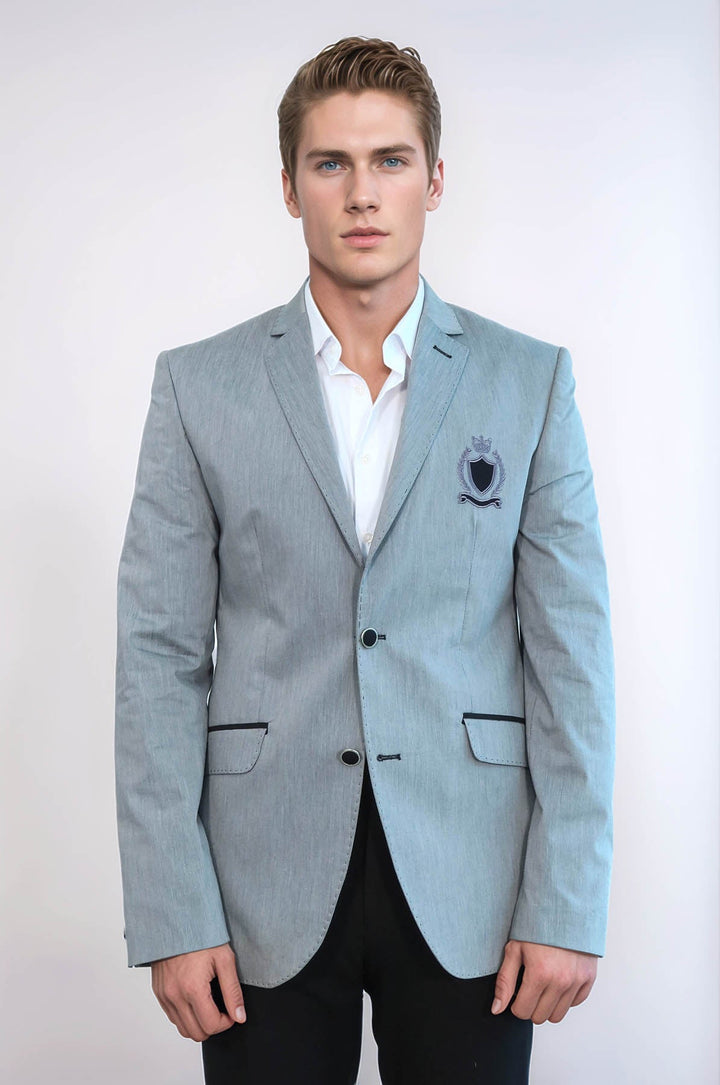 WSS Double Button Mono Lapel Crested Grey Jacket- - Villejuif