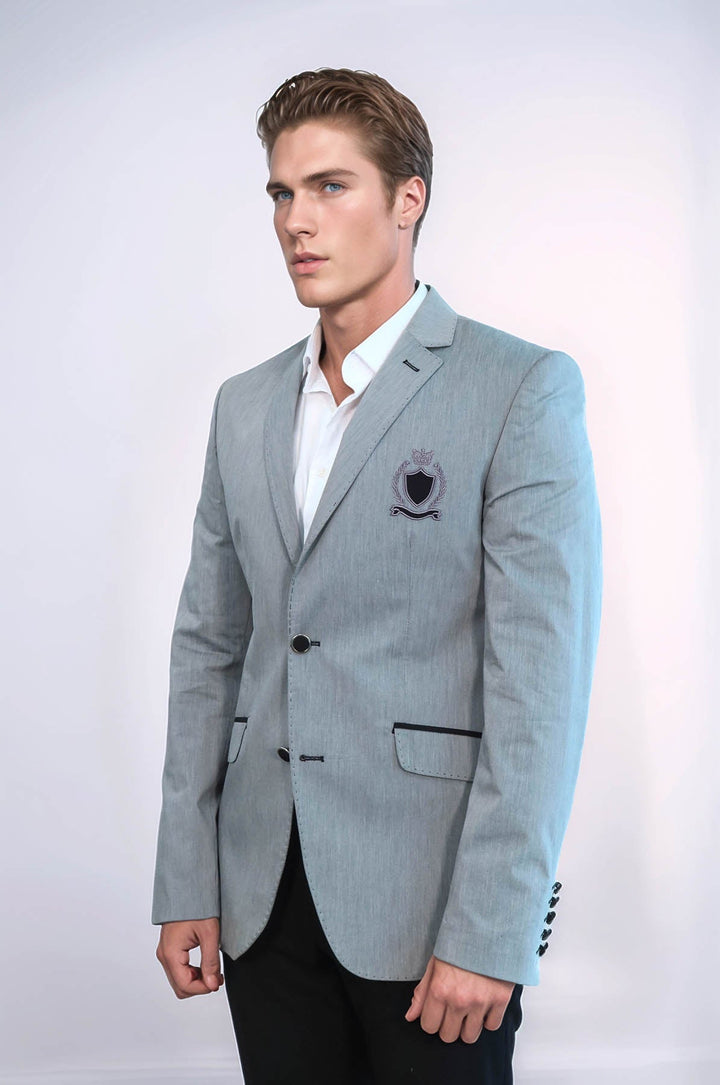 WSS Double Button Mono Lapel Crested Grey Jacket- - Villejuif
