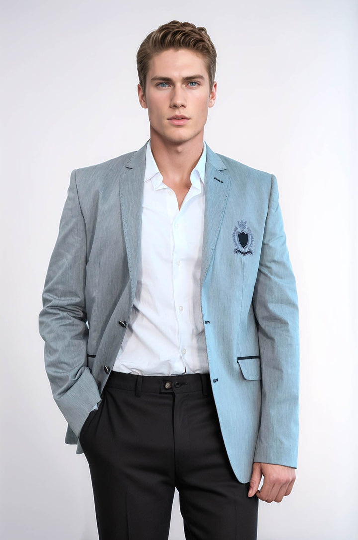 WSS Double Button Mono Lapel Crested Grey Jacket- - Villejuif