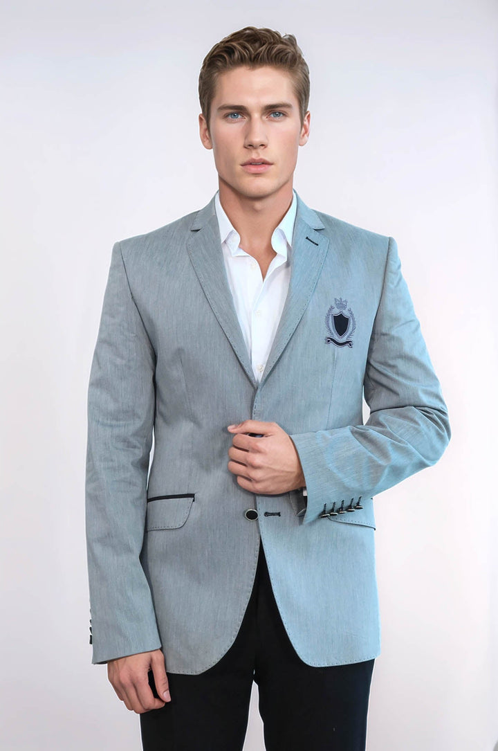 WSS Double Button Mono Lapel Crested Grey Jacket- - Villejuif
