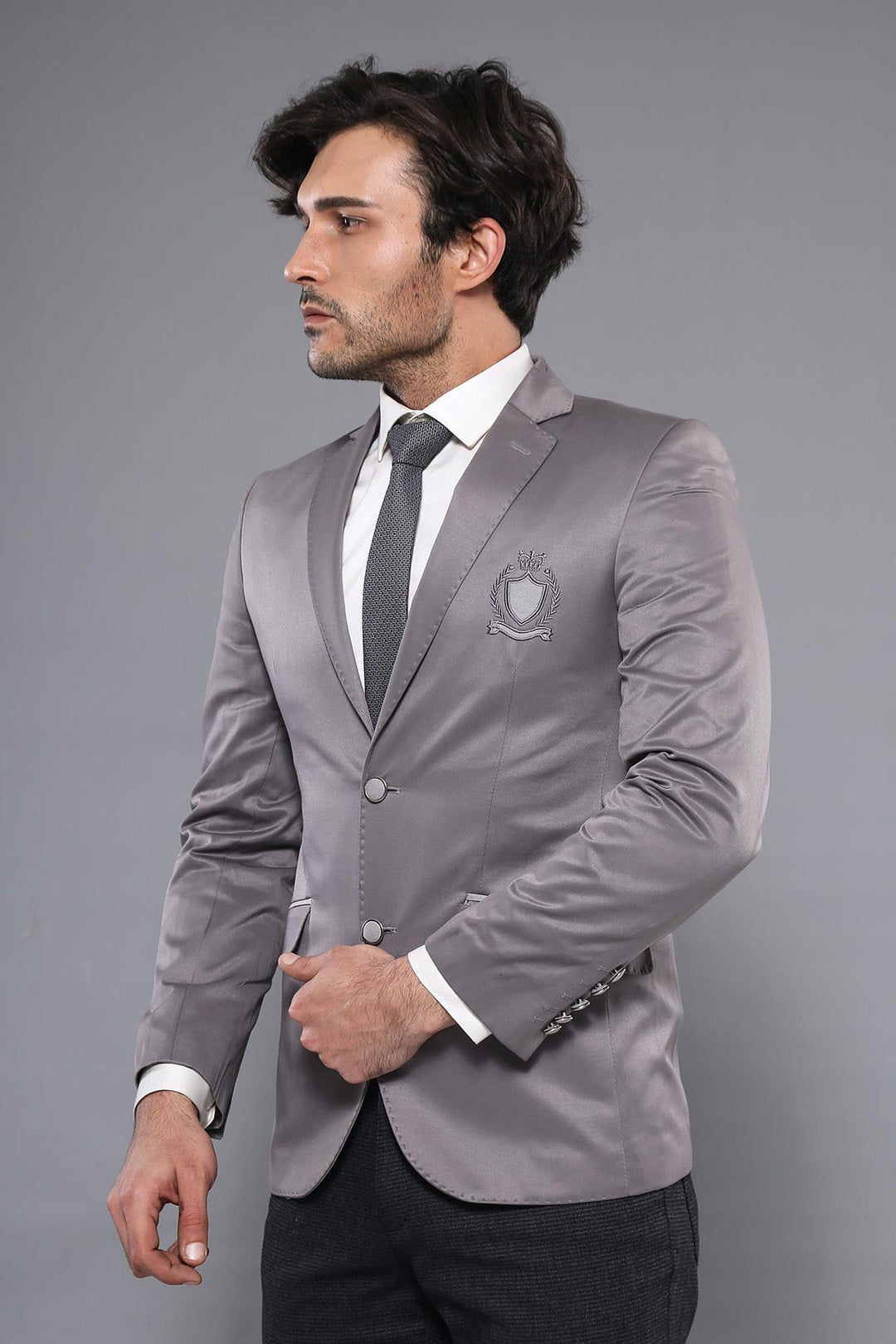 WSS Double Button Mono Lapel Crested Light Smoked Jacket- - Ciudad del Carmen