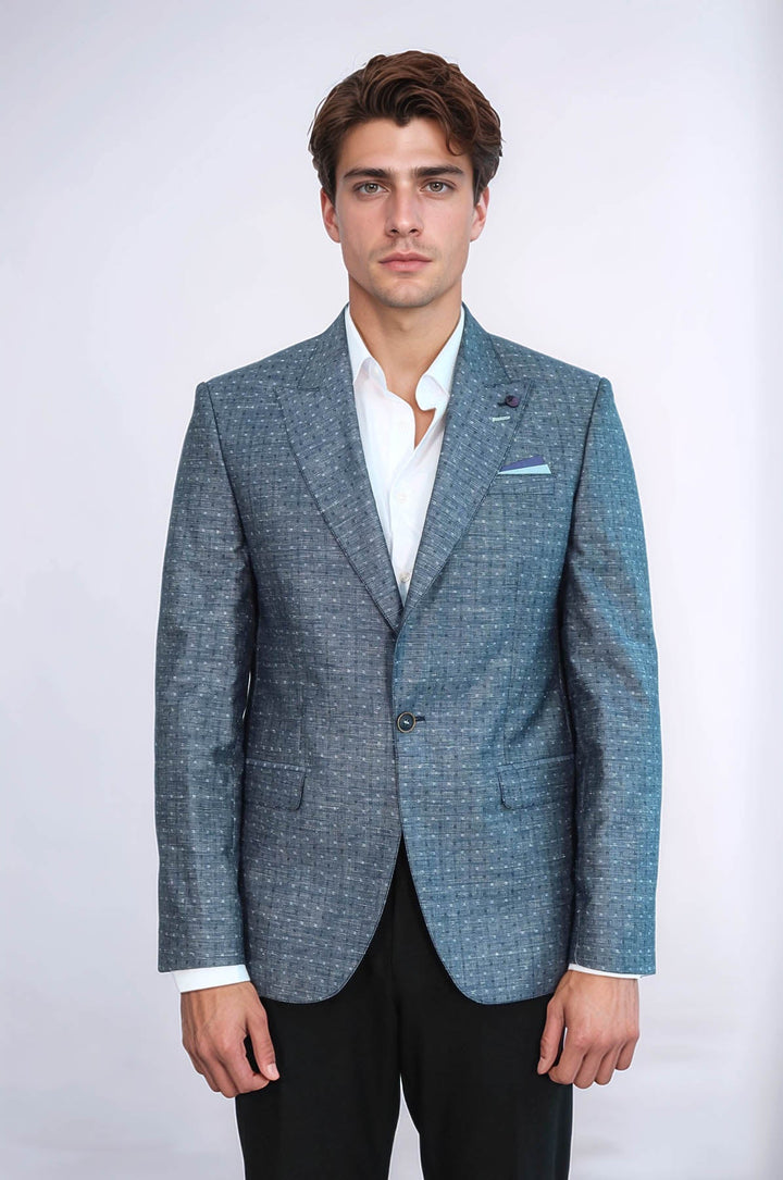 WSS Navy Blue Linen Dot Patterned Jacket  - Franklin