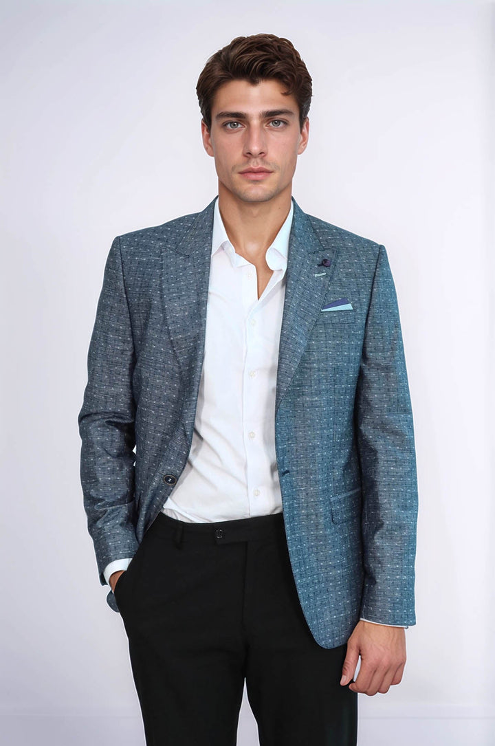 WSS Navy Blue Linen Dot Patterned Jacket  - Franklin