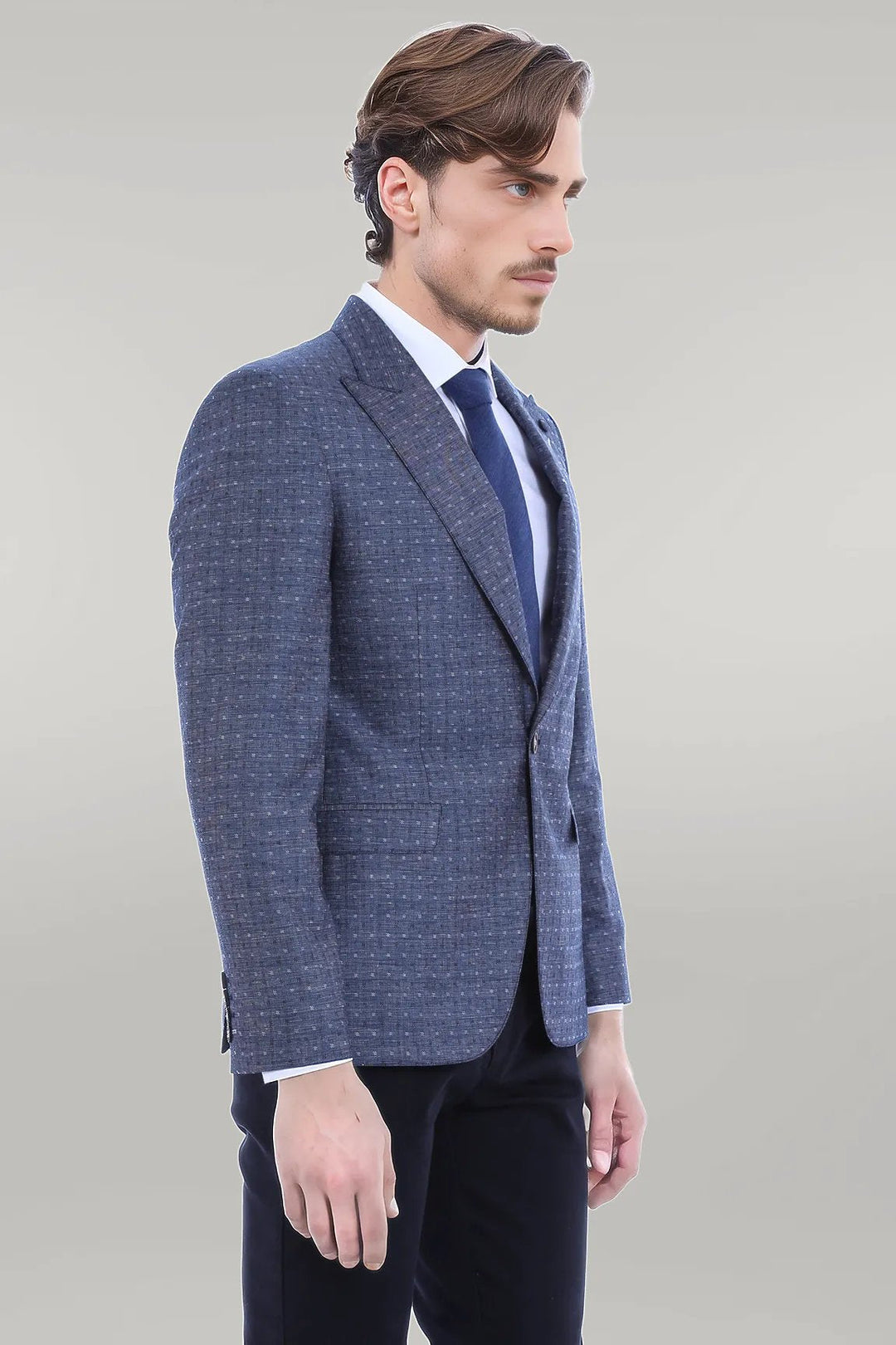 WSS Navy Blue Linen Dot Patterned Jacket  - Singen