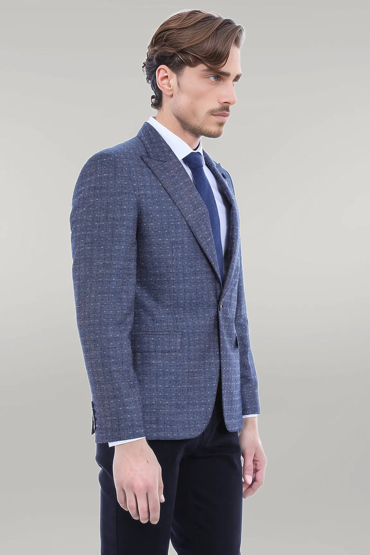 WSS Navy Blue Linen Dot Patterned Jacket  - Singen