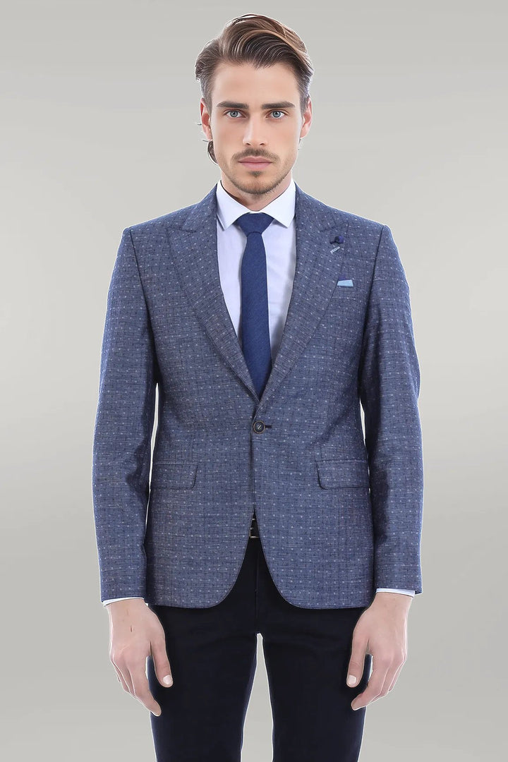 WSS Navy Blue Linen Dot Patterned Jacket  - Singen