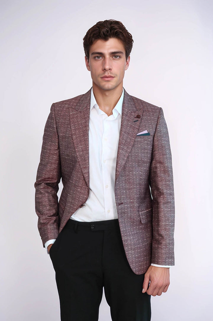 WSS Burgundy Linen Dot Patterned Jacket  - Pomezia