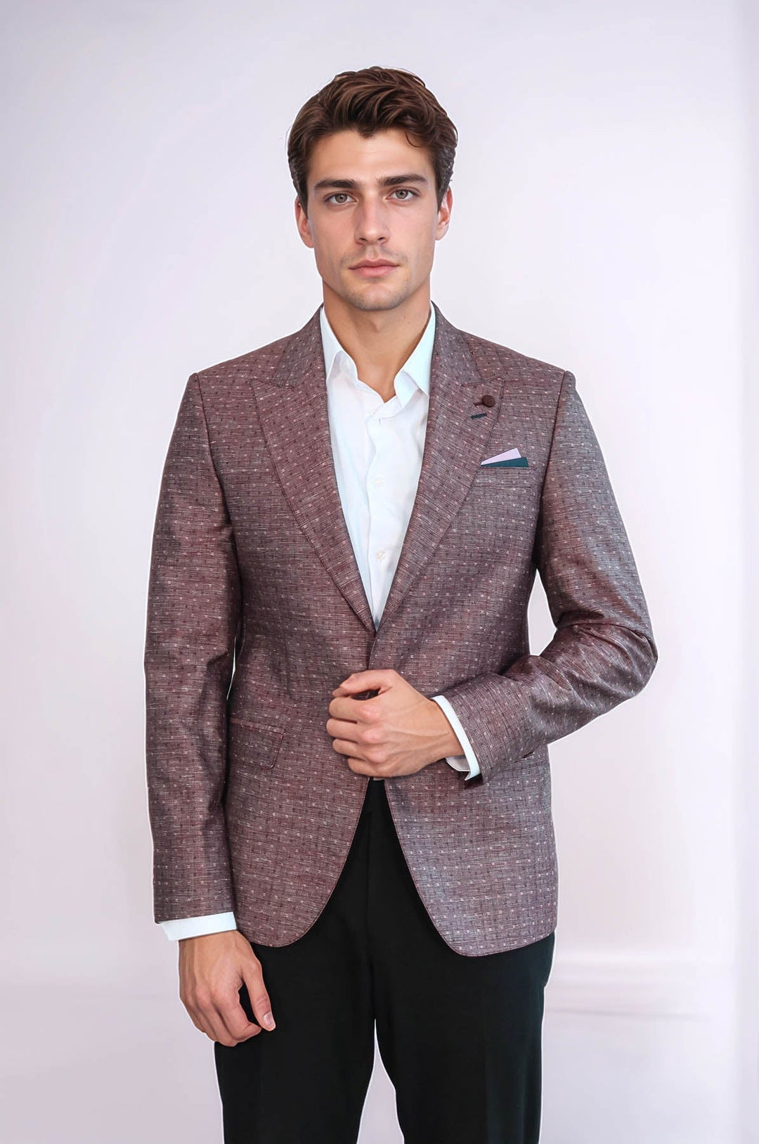 WSS Burgundy Linen Dot Patterned Jacket  - Pomezia