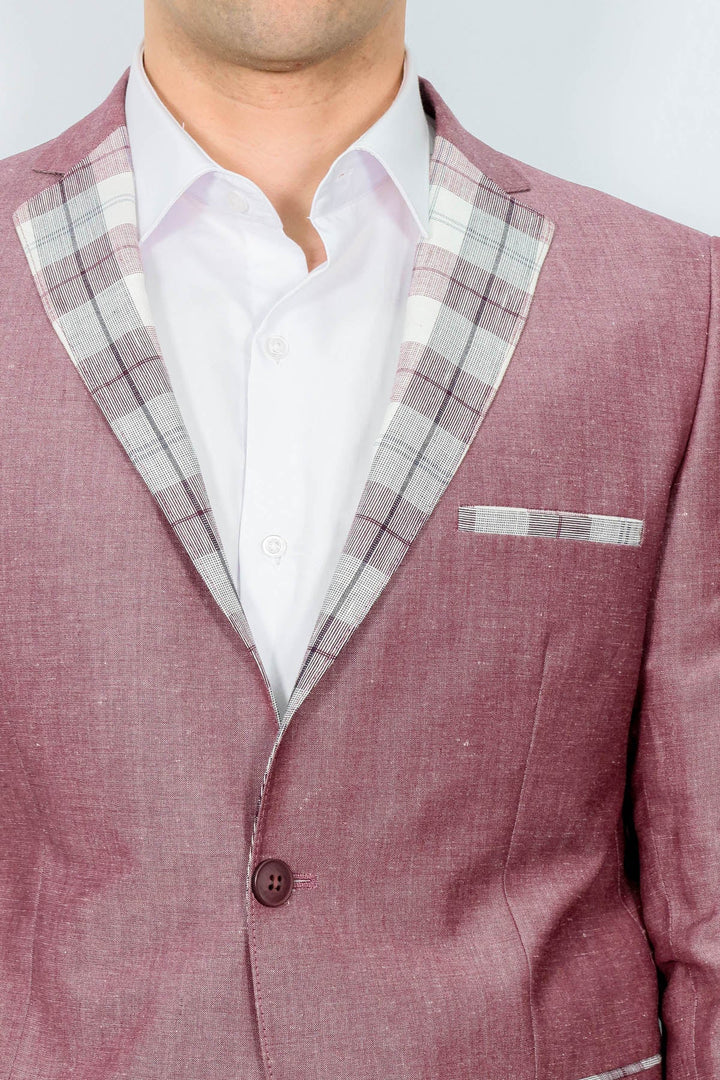 WSS Pocket and Collar Plaid Mens Linnen Burgundy Blazer  - Darwin