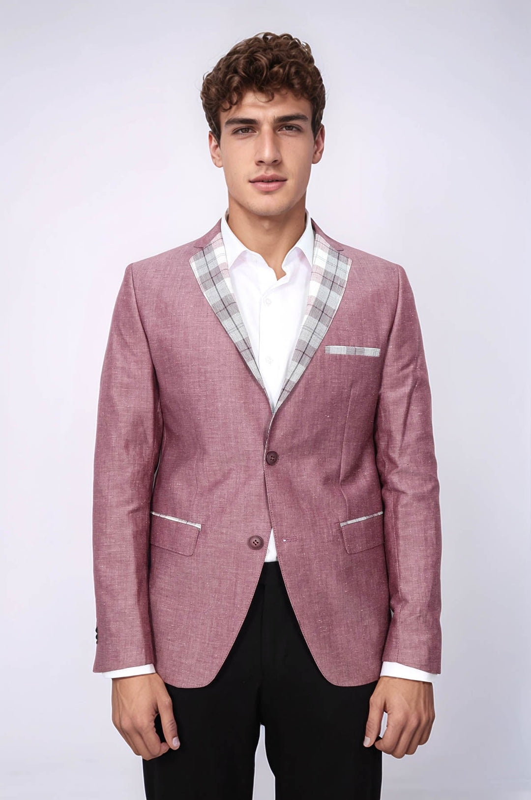 WSS Pocket and Collar Plaid Mens Linnen Burgundy Blazer  - Darwin