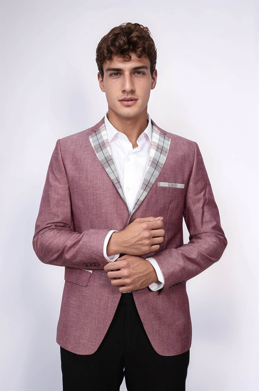 WSS Pocket and Collar Plaid Mens Linnen Burgundy Blazer  - Darwin