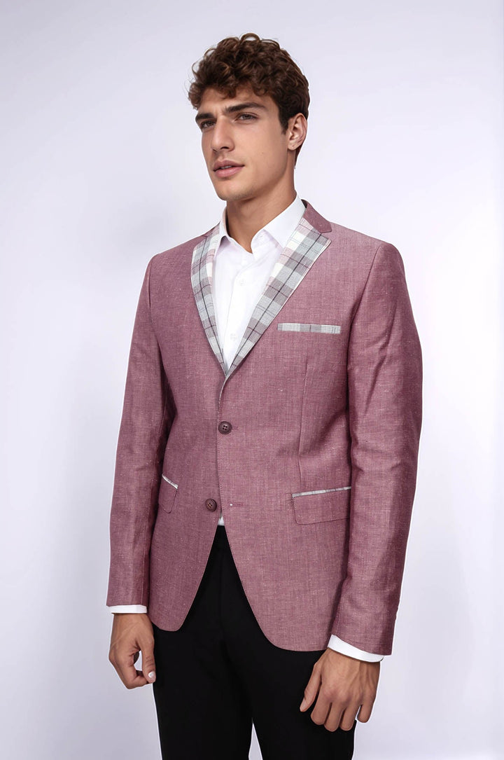 WSS Pocket and Collar Plaid Mens Linnen Burgundy Blazer  - Darwin