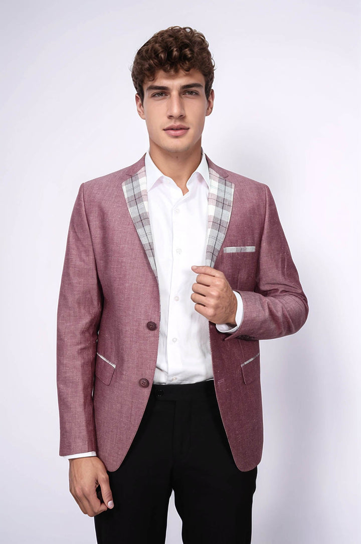 WSS Pocket and Collar Plaid Mens Linnen Burgundy Blazer  - Darwin