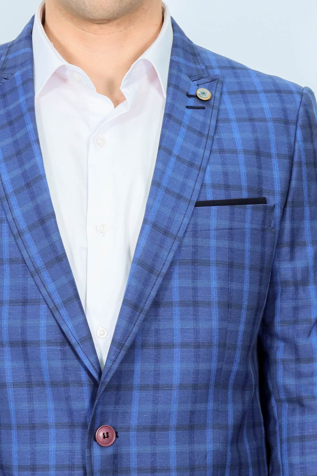 WSS Single Button Pointed Collar Plaid Navy Blue Jacket- - Marysville
