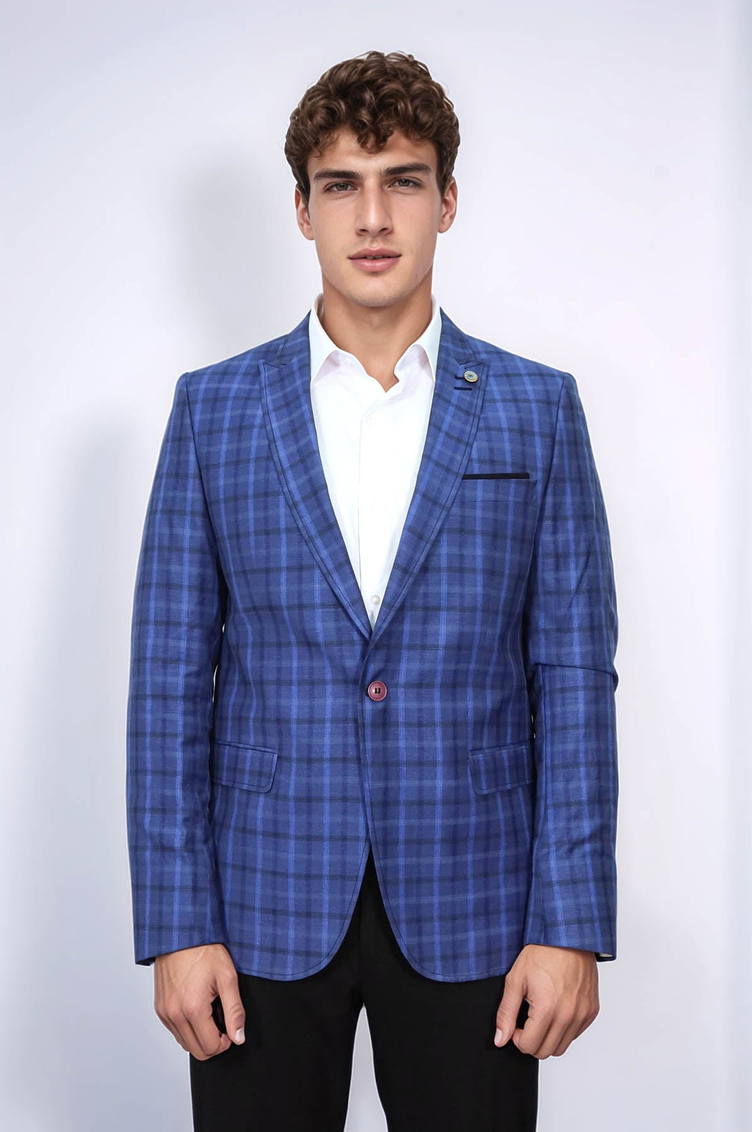 WSS Single Button Pointed Collar Plaid Navy Blue Jacket- - Marysville