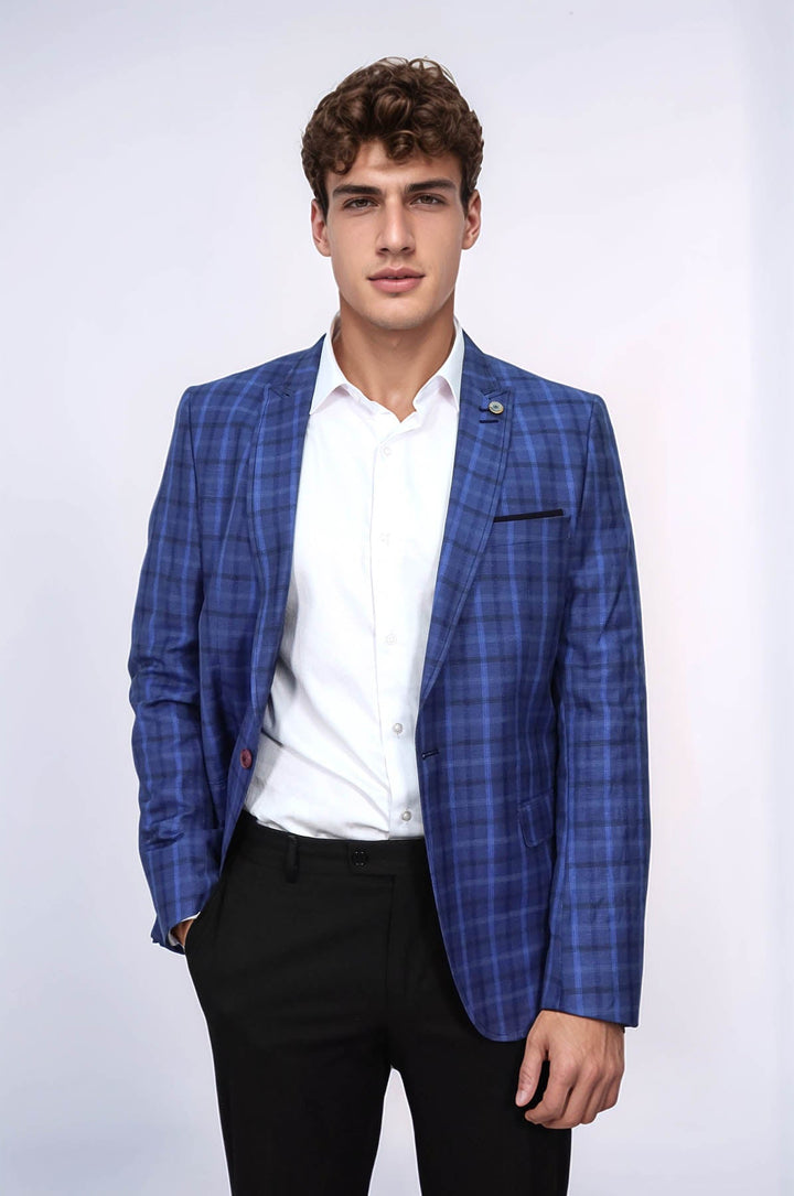 WSS Single Button Pointed Collar Plaid Navy Blue Jacket- - Marysville