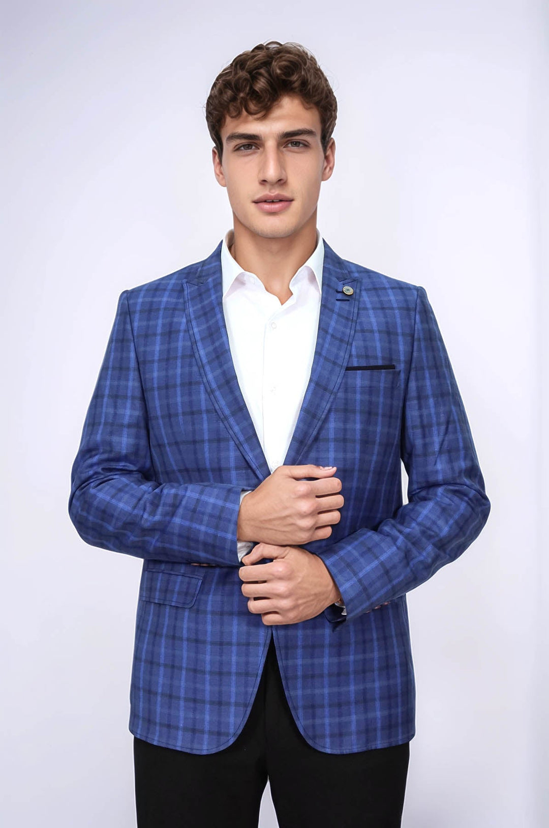 WSS Single Button Pointed Collar Plaid Navy Blue Jacket- - Marysville