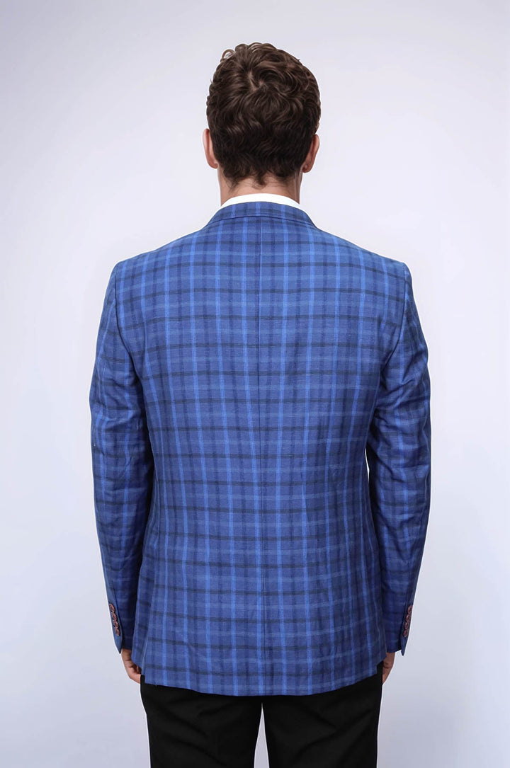 WSS Single Button Pointed Collar Plaid Navy Blue Jacket- - Marysville