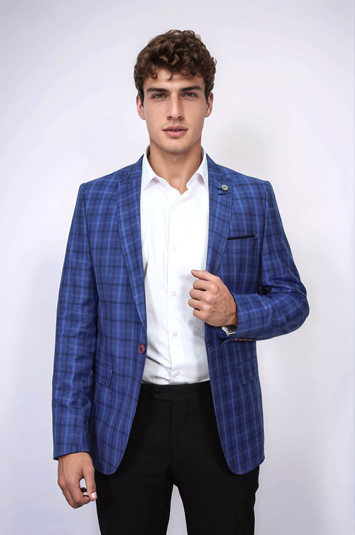 WSS Single Button Pointed Collar Plaid Navy Blue Jacket- - Marysville