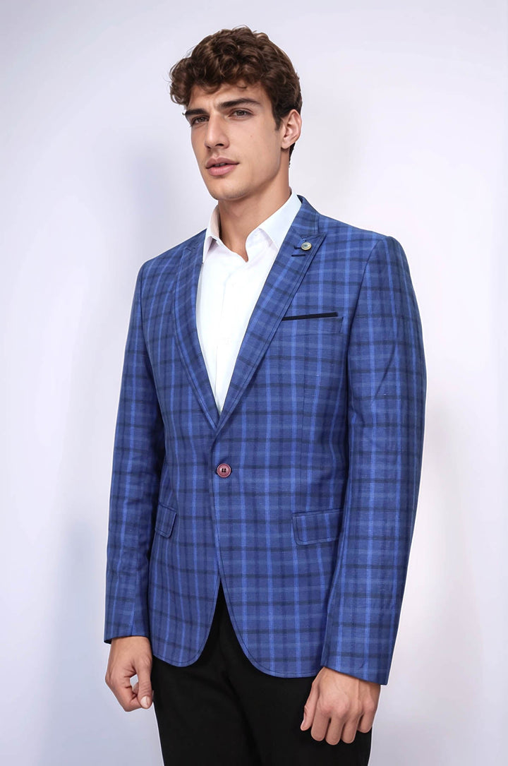 WSS Single Button Pointed Collar Plaid Navy Blue Jacket- - Marysville