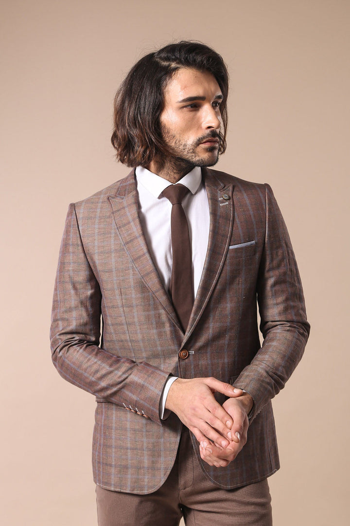WSS Single Button Pointed Collar Plaid Brown Jacket- - Greenford