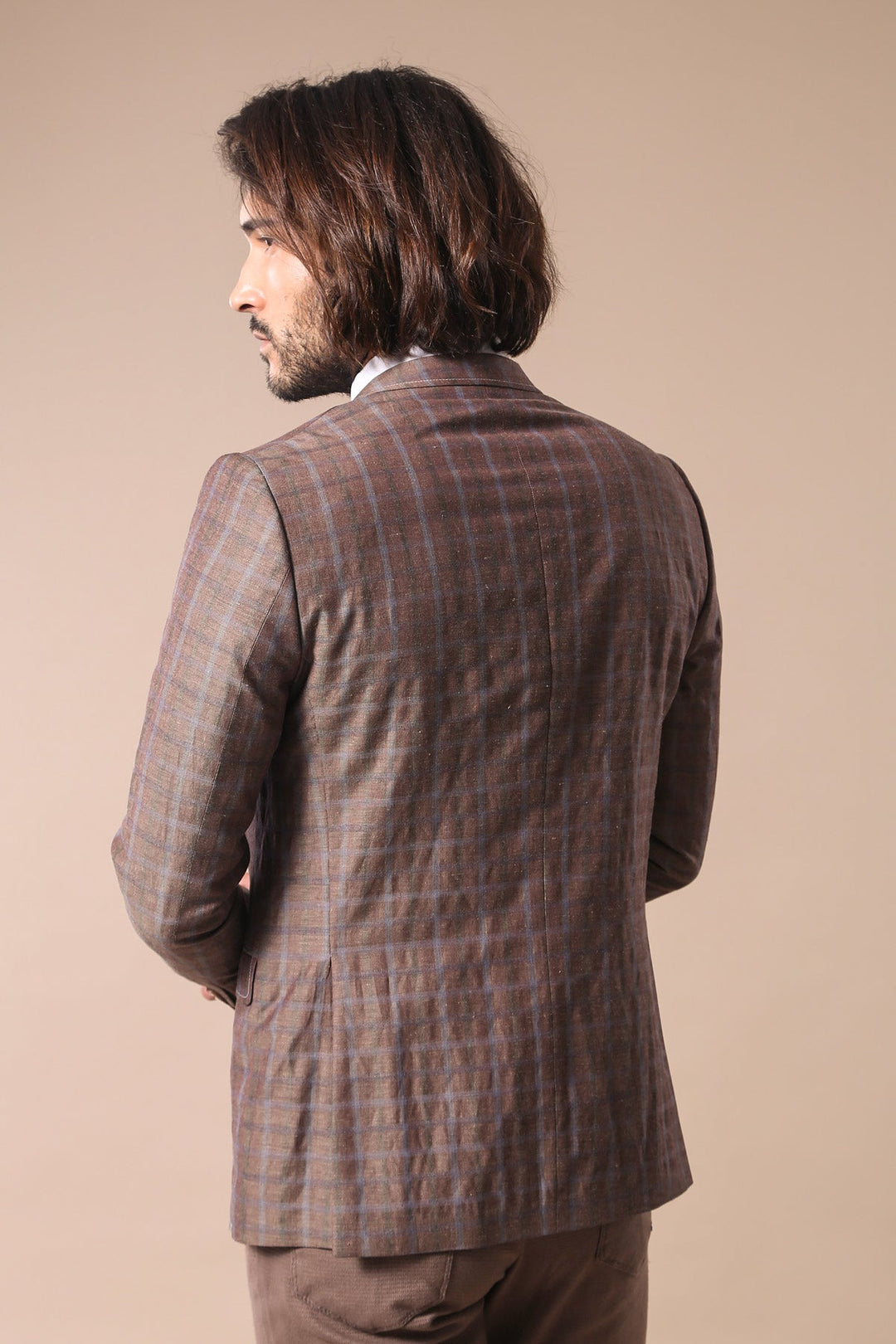 WSS Single Button Pointed Collar Plaid Brown Jacket- - Littleton